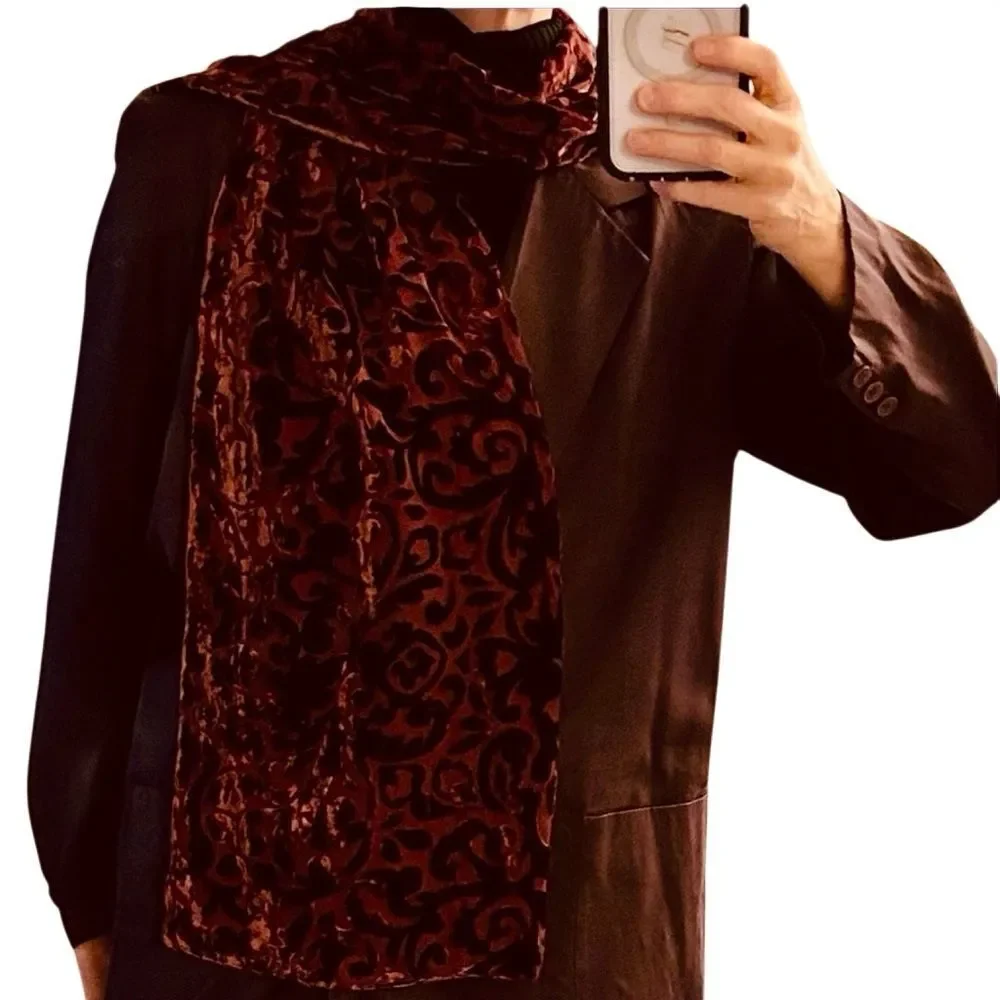 Vintage Velvet Burnout Scarf Wine burgundy Classic Boho Equestrian Timeless